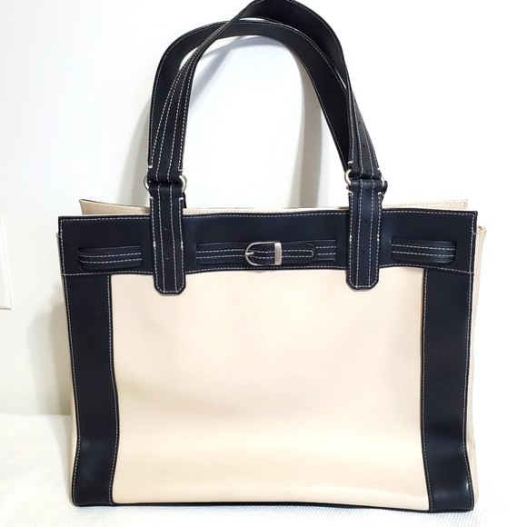 Longaberger Sisters Belted Leather Handbag Cream Black
